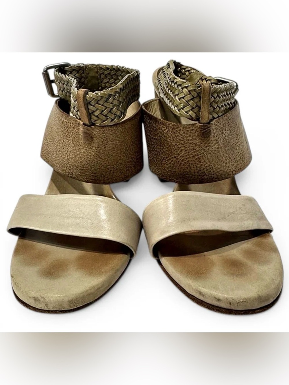 Brunello Cucinelli Leather Braided Ankle Strap Block Heel Sandals IT 39